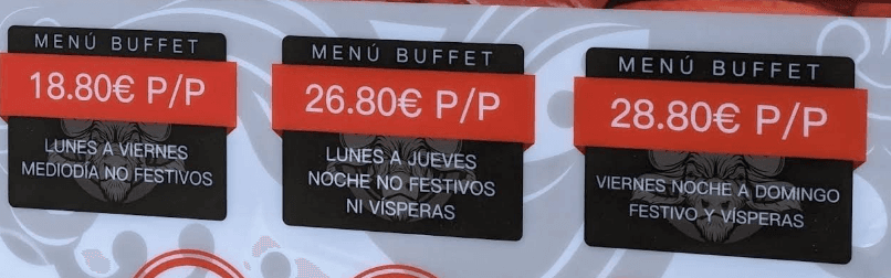 Sukijoy menu buffet price board showing all three price tiers